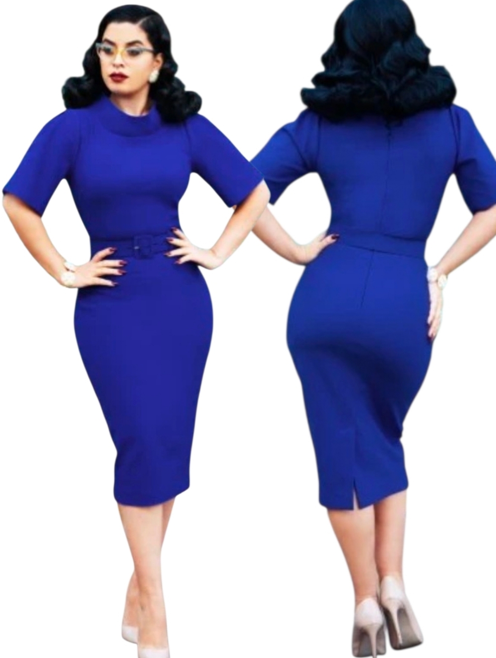 VINTAGE DIVA "Jackie" Rotal Blue Pencil Dress - Size M